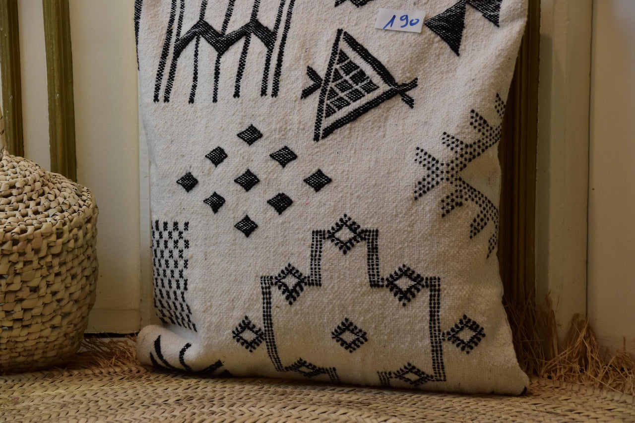 Two Handwoven Moroccan Kilim Pillow Cover, Cream Wool Black Tribal Geometric Cushion Vintage