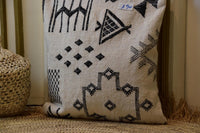 Two Handwoven Moroccan Kilim Pillow Cover, Cream Wool Black Tribal Geometric Cushion Vintage