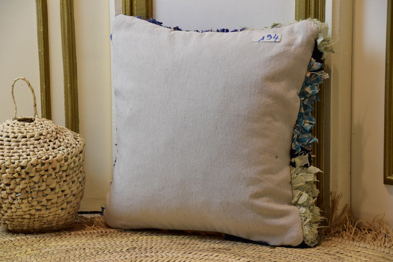 Two Handwoven Moroccan Boucherouite Pillow, Mustard Yellow Blue Rag Rug Cushion Vintage