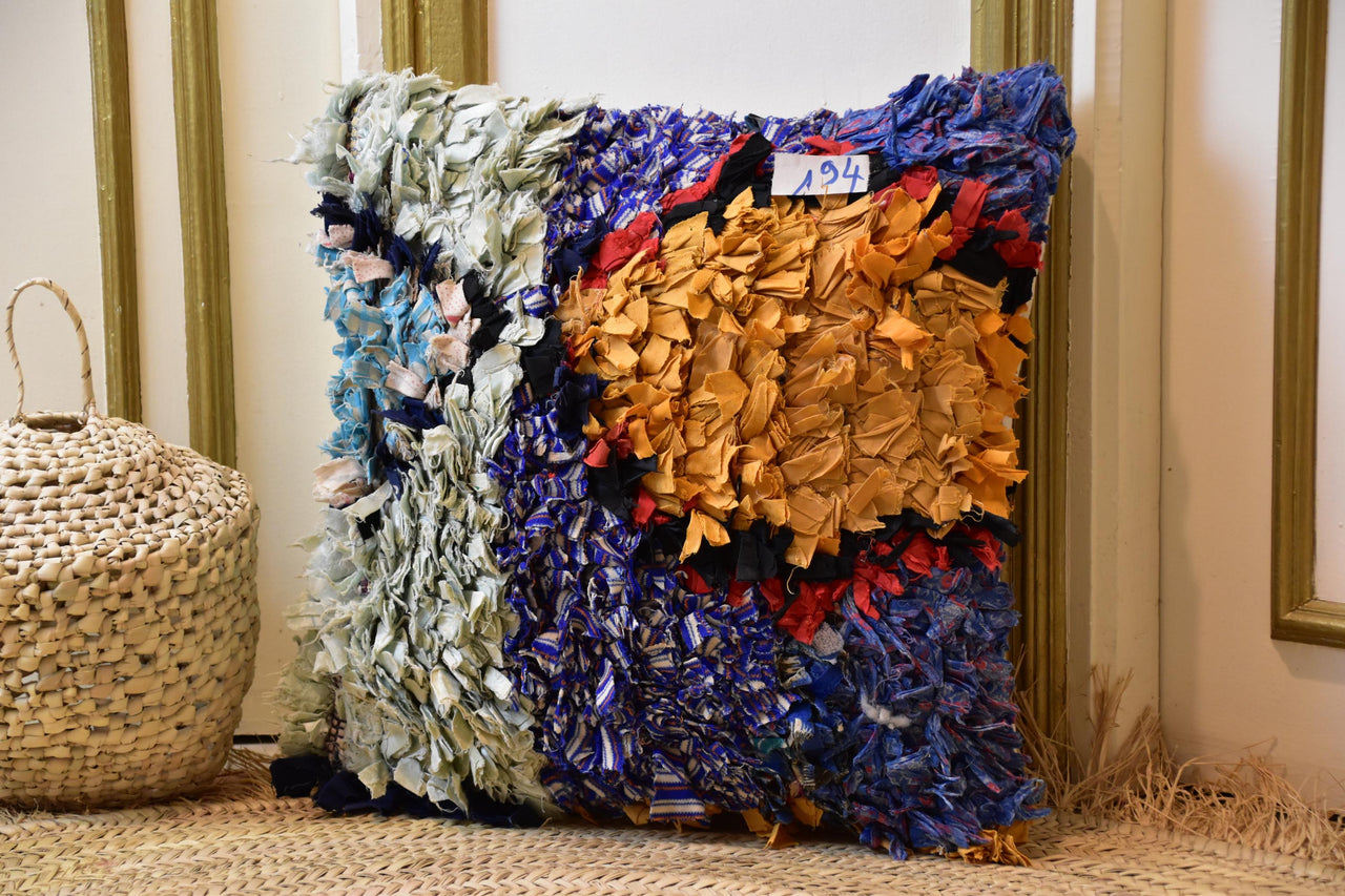 Two Handwoven Moroccan Boucherouite Pillow, Mustard Yellow Blue Rag Rug Cushion Vintage