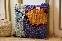 Two Handwoven Moroccan Boucherouite Pillow, Mustard Yellow Blue Rag Rug Cushion Vintage