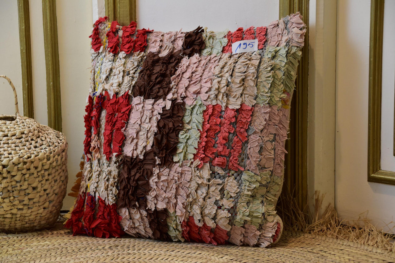Two Moroccan Boucherouite Pillow Cover, Handwoven Rag Rug Cushion, Boho Shag Throw Decor Vintage