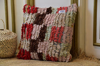 Two Moroccan Boucherouite Pillow Cover, Handwoven Rag Rug Cushion, Boho Shag Throw Decor Vintage