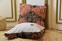 Two Moroccan Boucherouite Pillow Covers, Terracotta Shag Rag Rug Cushion Set
