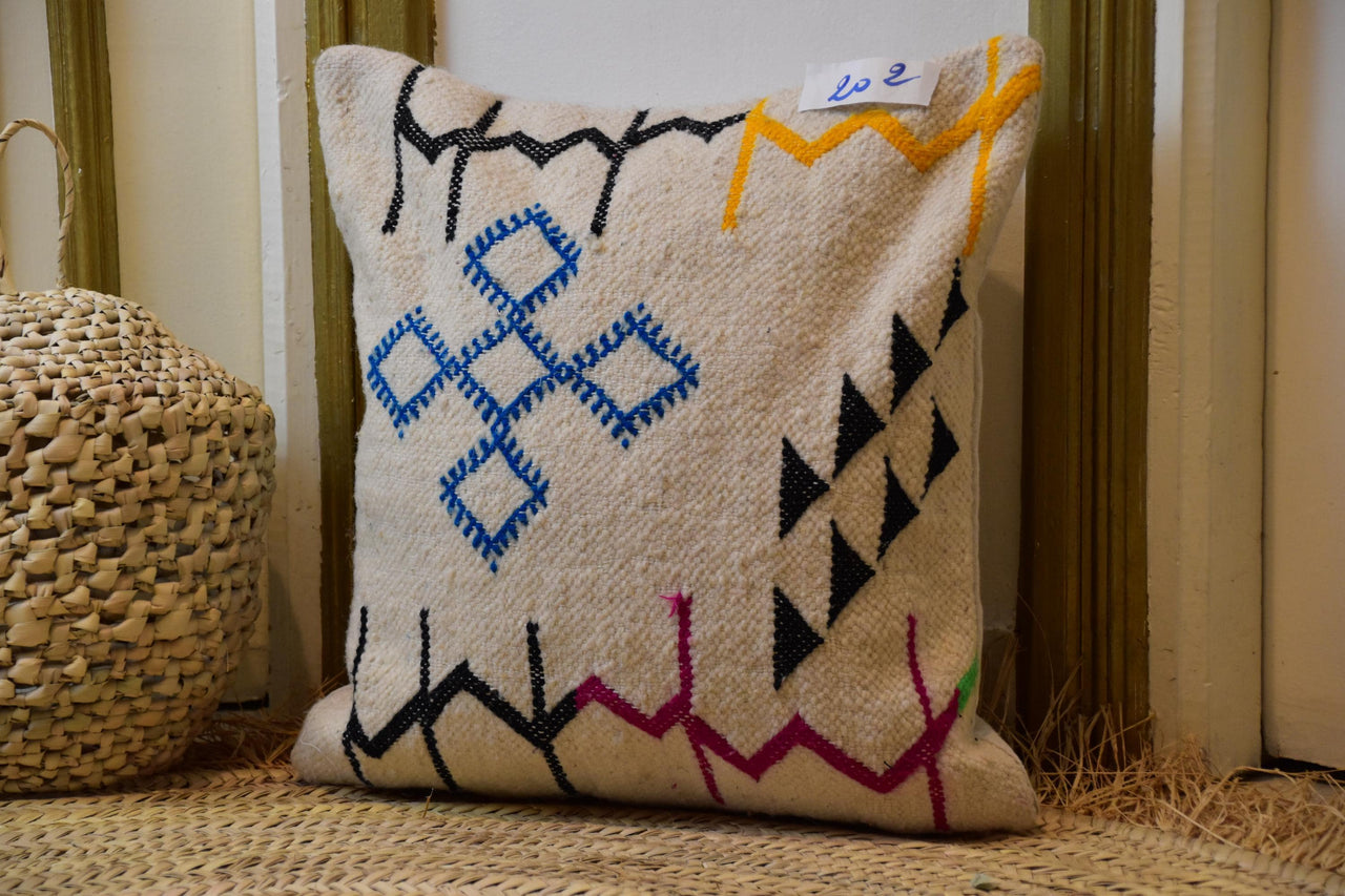 Two Handwoven Moroccan Kilim Pillow, Embroidered Wool Cushion, Tribal Geometric Throw (Item 202) Vintage