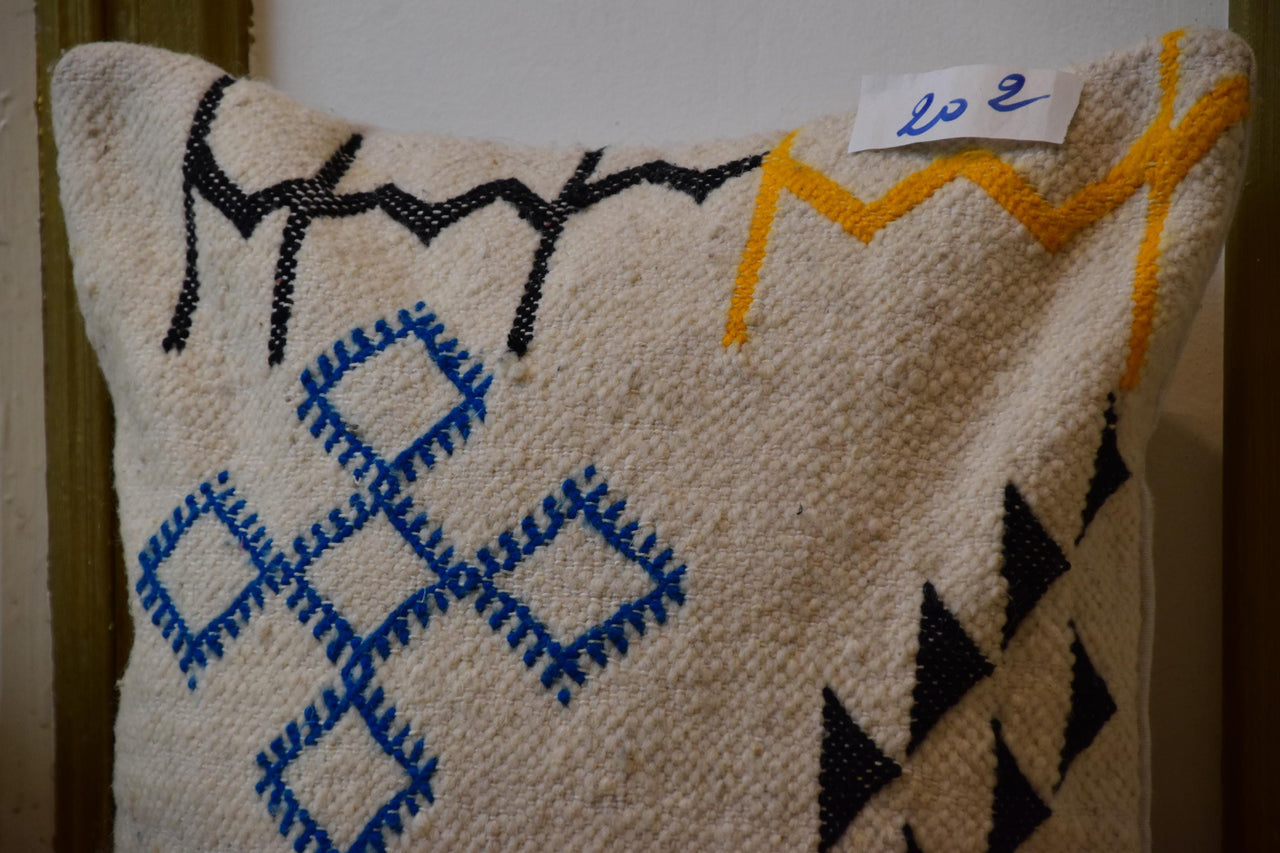 Two Handwoven Moroccan Kilim Pillow, Embroidered Wool Cushion, Tribal Geometric Throw (Item 202) Vintage