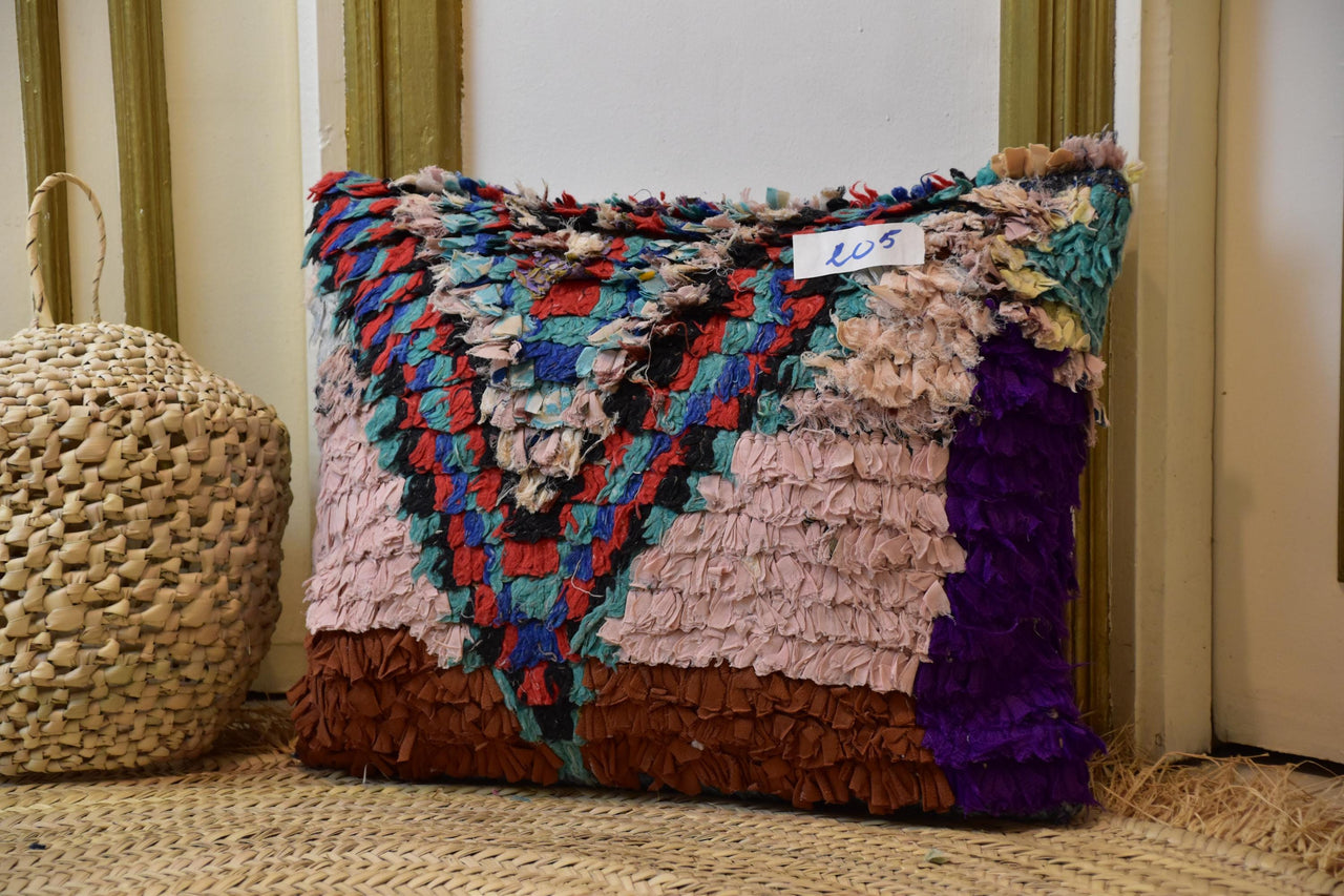 Two Moroccan Boucherouite Pillow Cover, Shag Rag Rug Cushion, Jewel Purple Crimson Accent