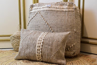 Two Moroccan Kilim Pouf Lumbar Pillow Set, Natural Wool Striped Ottoman Cushion Combo Vintage