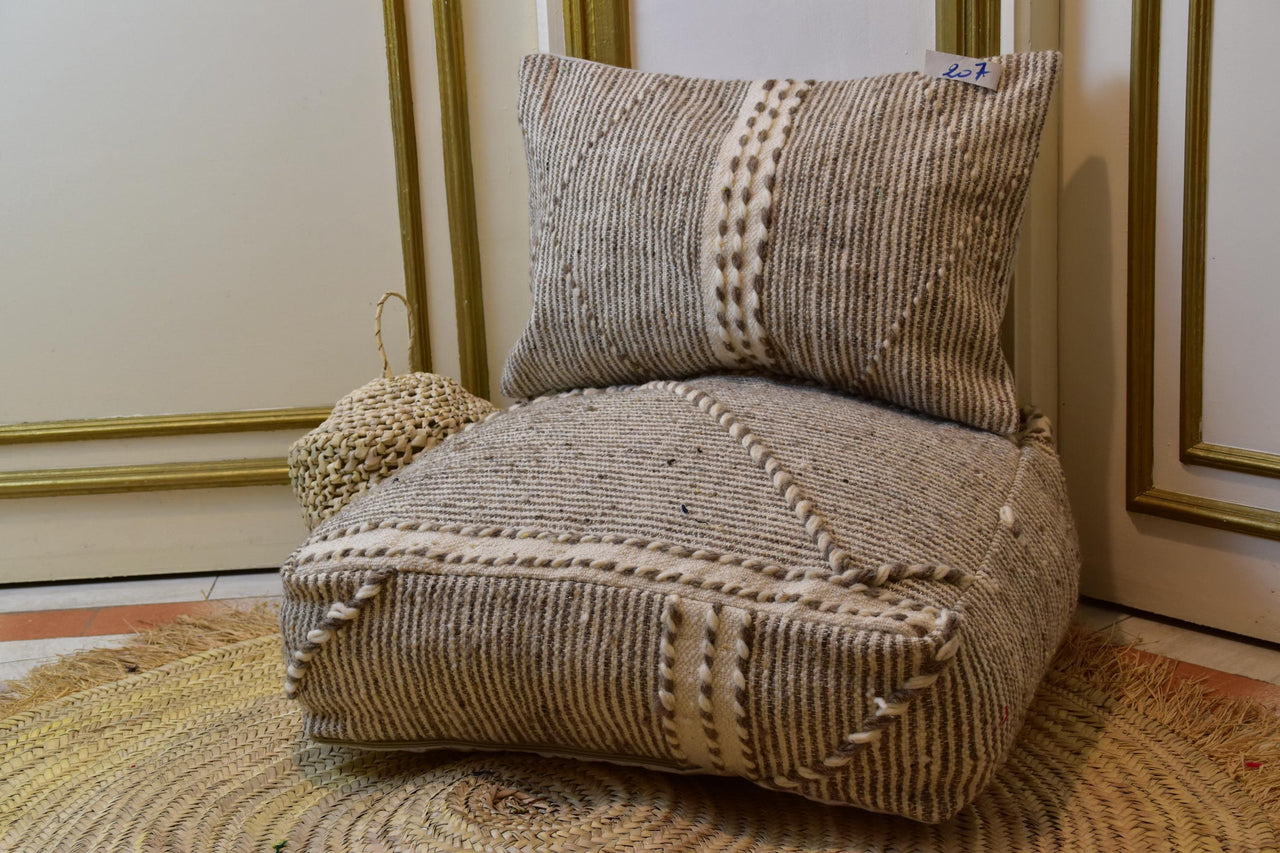 Two Moroccan Kilim Pouf Lumbar Pillow Set, Natural Wool Striped Ottoman Cushion Combo Vintage