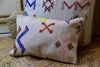 Two Handwoven Moroccan Kilim Pouf Lumbar Pillow Set, Embroidered Wool Floor Cushion