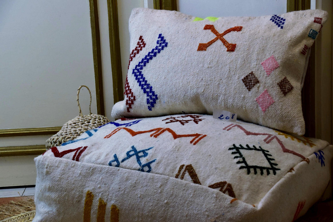 Two Handwoven Moroccan Kilim Pouf Lumbar Pillow Set, Embroidered Wool Floor Cushion