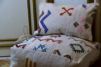 Two Handwoven Moroccan Kilim Pouf Lumbar Pillow Set, Embroidered Wool Floor Cushion