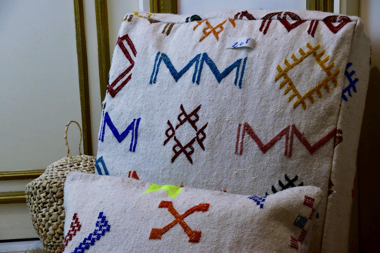 Two Handwoven Moroccan Kilim Pouf Lumbar Pillow Set, Embroidered Wool Floor Cushion
