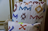 Two Handwoven Moroccan Kilim Pouf Lumbar Pillow Set, Embroidered Wool Floor Cushion