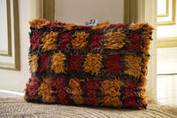 Two Vintage Moroccan Boujad Pillow | Shaggy Checkerboard Wool Cushion 16x20 Vintage