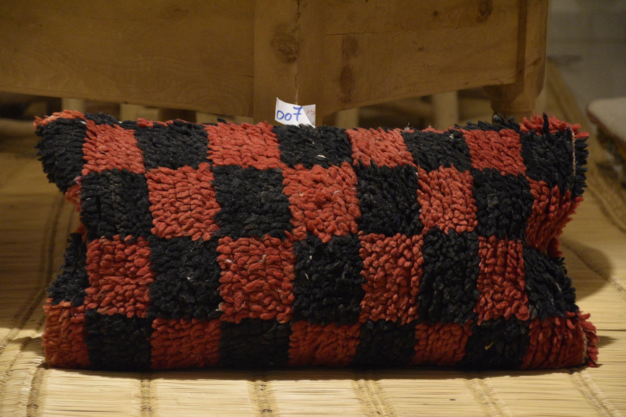 Two Vintage Moroccan Checkerboard Pillow Cover: Handcrafted Wool Tribal Cushion (24x12 Inches) Vintage