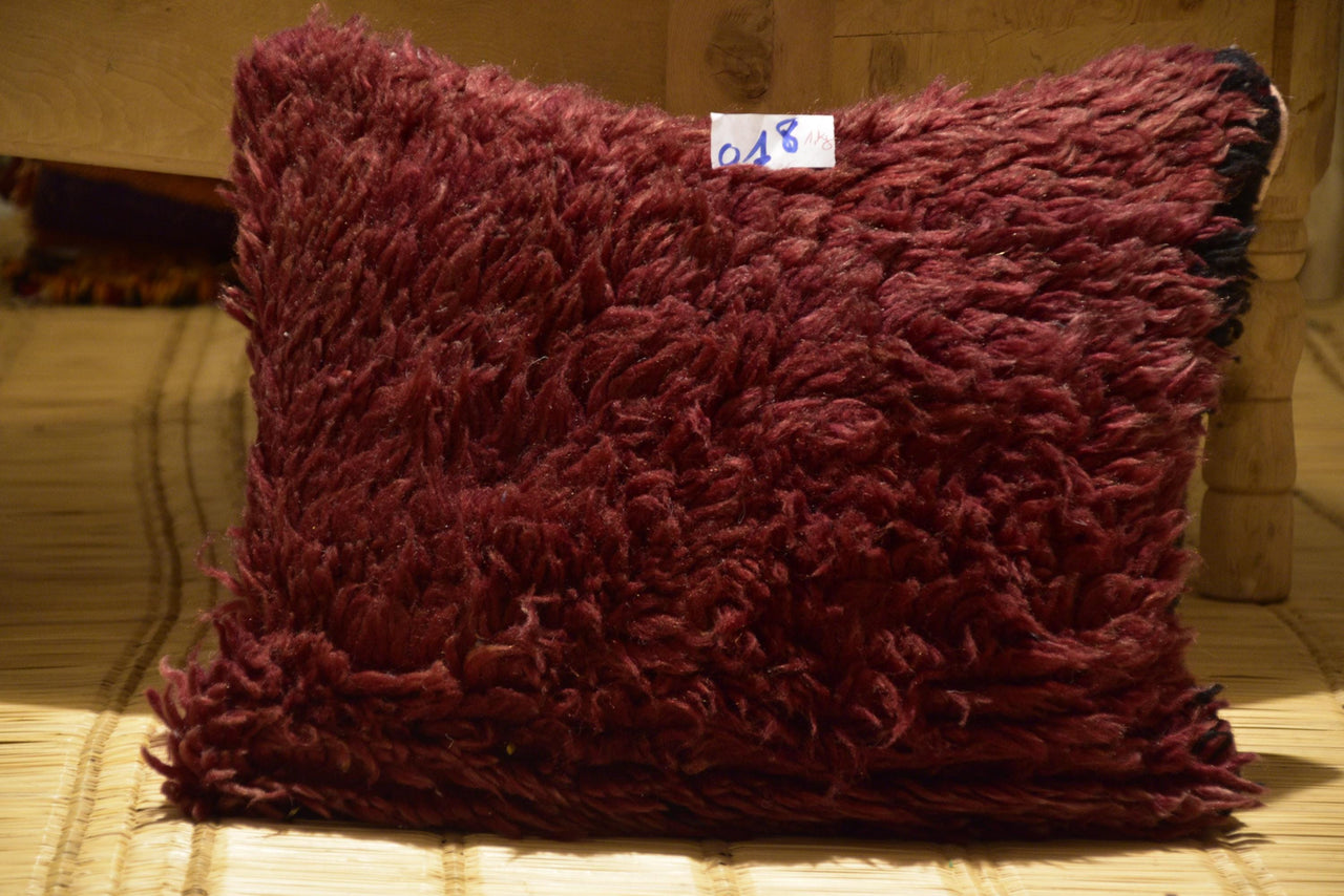 Two Vintage Moroccan Boujaad Pillow Cover | Burgundy Shaggy Wool Kilim Accent (20x20) Vintage