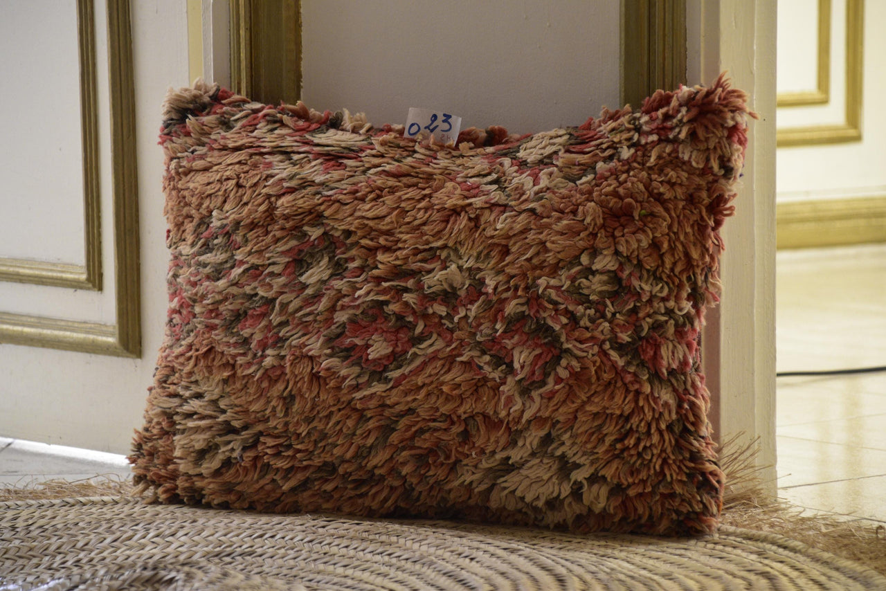 Two Vintage Moroccan Boujad Kilim Pillow | Reversible High-Pile Shaggy Wool Cushion 16x20 Vintage
