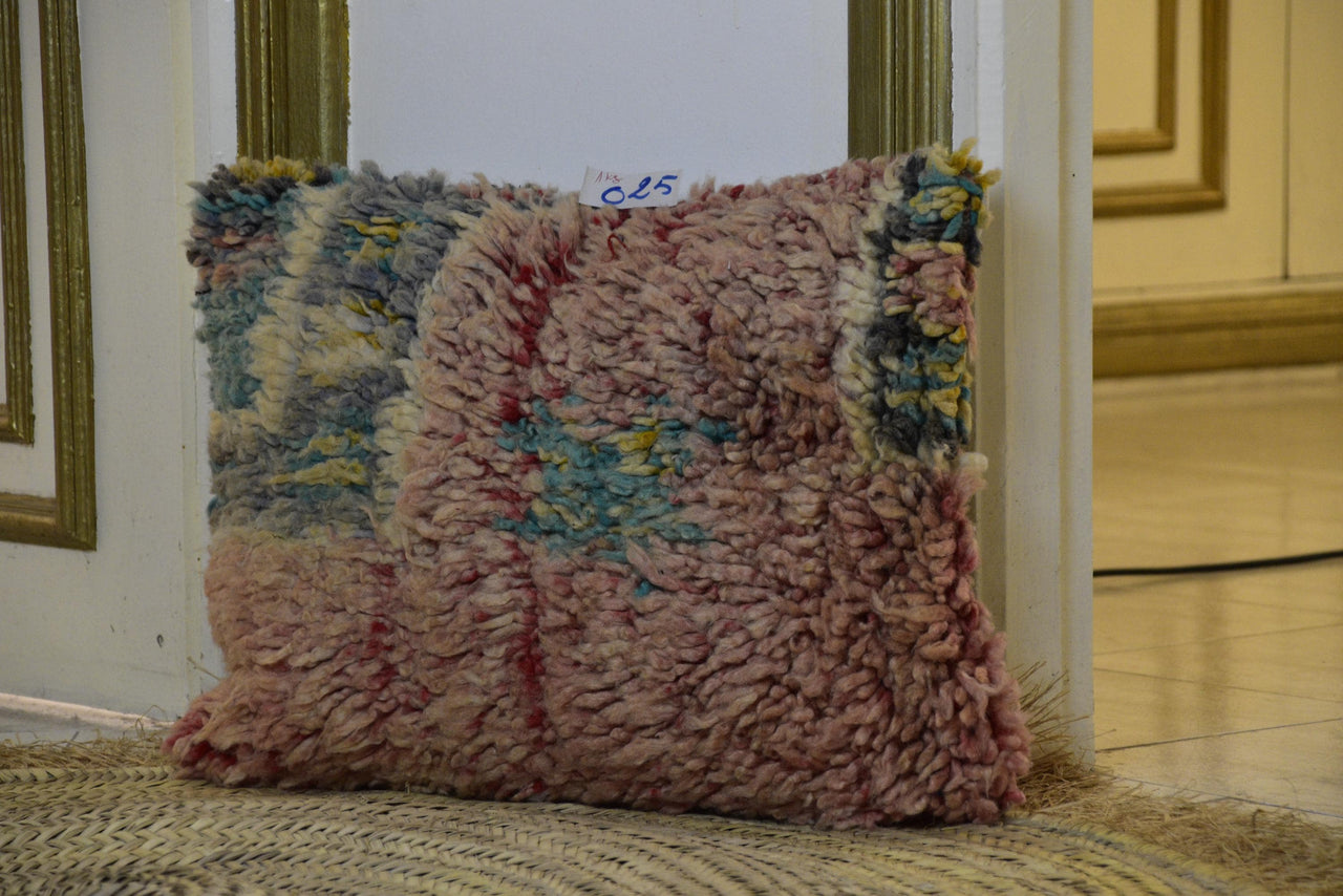 Two Vintage Moroccan Boujad Pillow | Shaggy Pastel Abstract Wool Cushion 16x20 Vintage