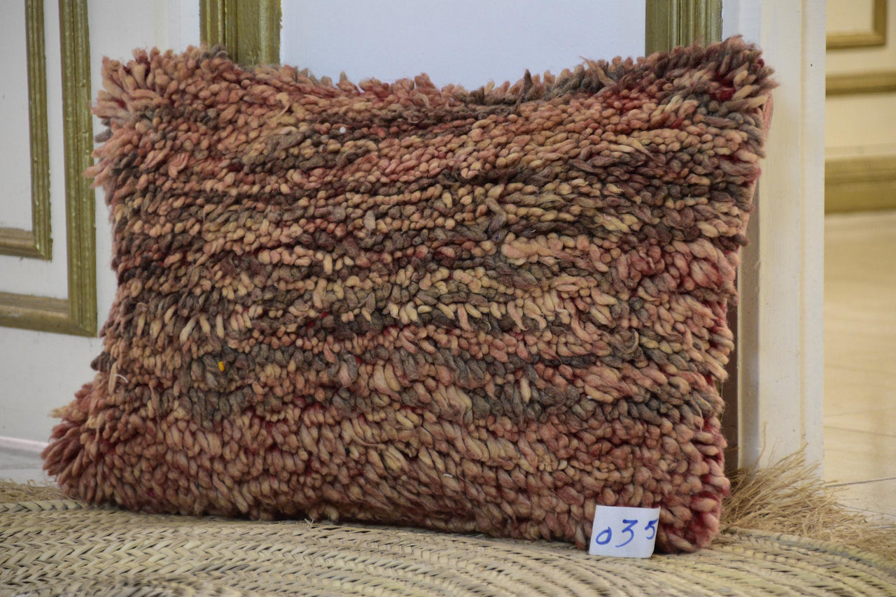 Two Reversible Moroccan Boujad Pillow, Pink Brown Wool Rug Cushion (16x20)