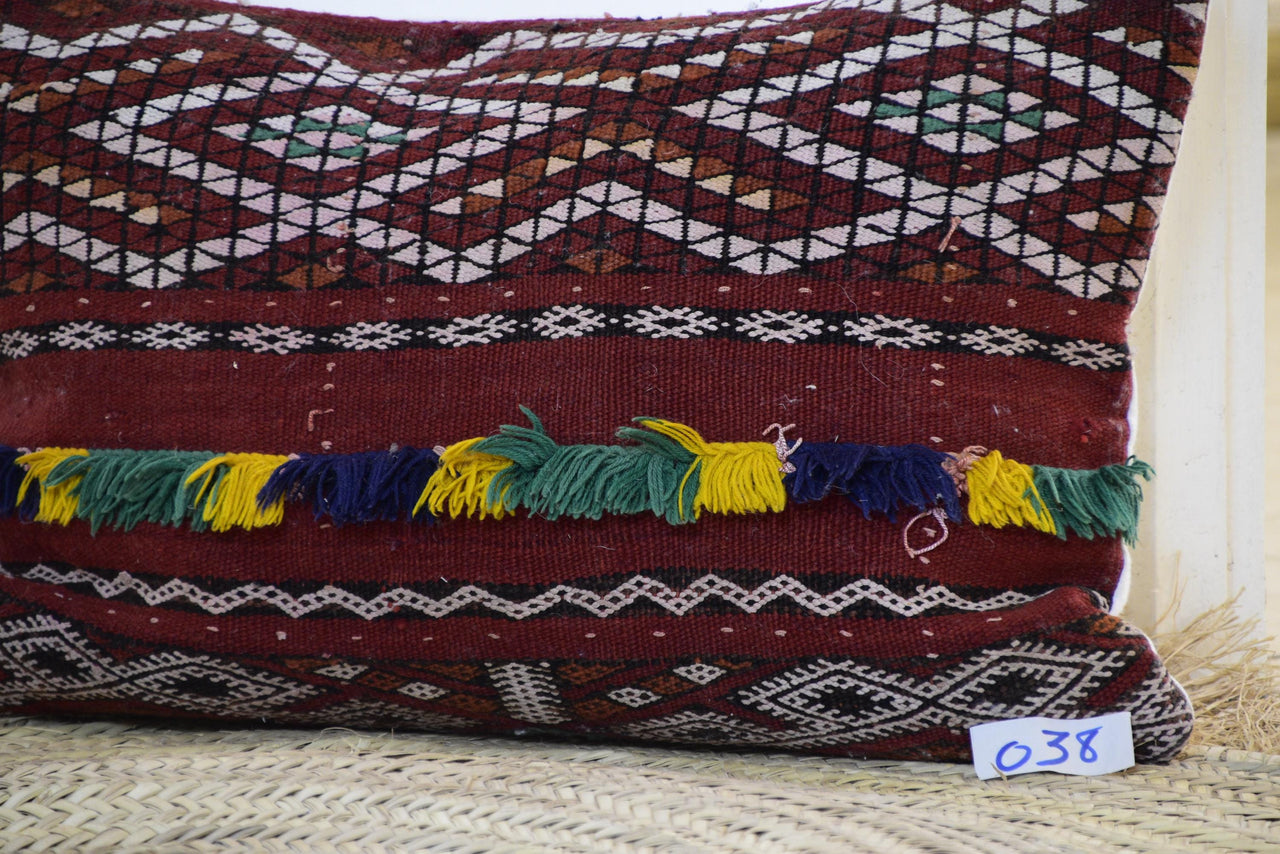 Two Vintage Moroccan Kilim Pillow, Burgundy Wool Cushion, Tribal Berber Throw 16x20 Vintage