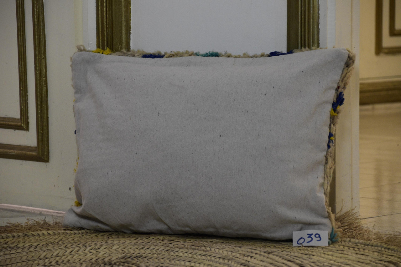 Two Vintage Moroccan Wool Rug Cushion Cover, Turquoise Yellow Abstract Tribal Lumbar Pillow Vintage