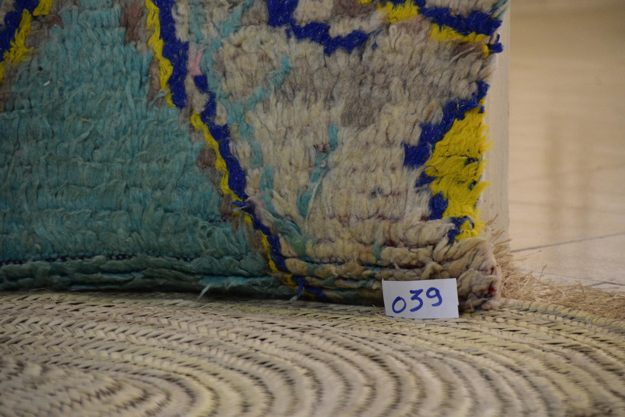 Two Vintage Moroccan Wool Rug Cushion Cover, Turquoise Yellow Abstract Tribal Lumbar Pillow Vintage