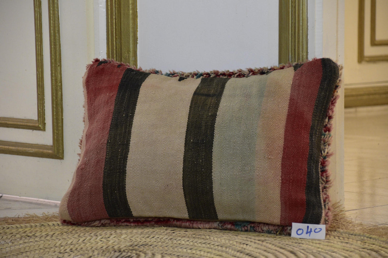 Two Vintage Moroccan Wool Pillow, Reversible Dusty Rose Kilim Lumbar Cushion Vintage