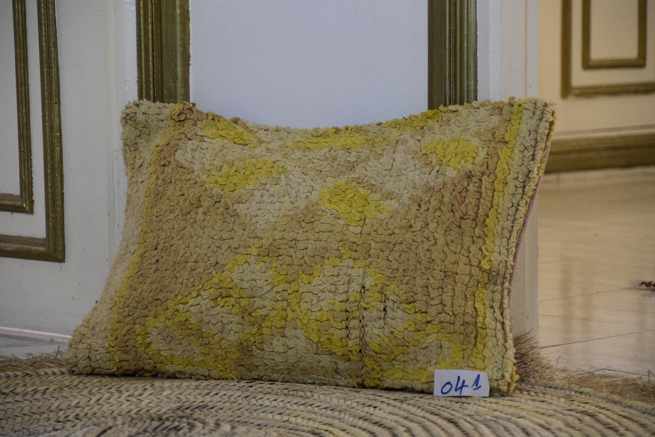 Two Vintage Moroccan Berber Wool Pillow, Ochre Yellow High-Pile Kilim Cushion 16x20 Vintage