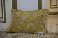 Two Vintage Moroccan Berber Wool Pillow, Ochre Yellow High-Pile Kilim Cushion 16x20 Vintage