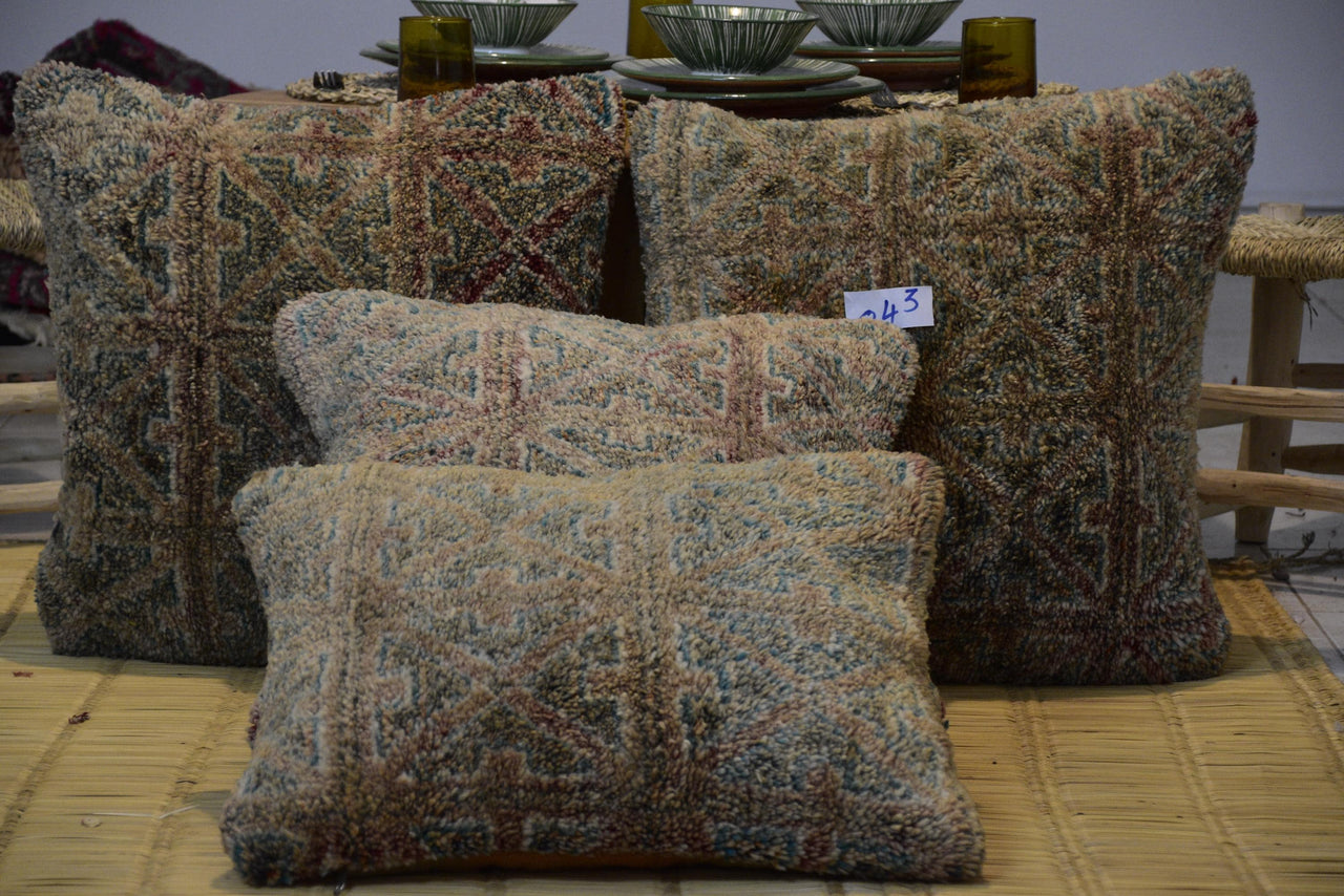 Two Vintage Moroccan High-Pile Wool Lumbar Cushions, Teal Brick Red Boho Set Vintage