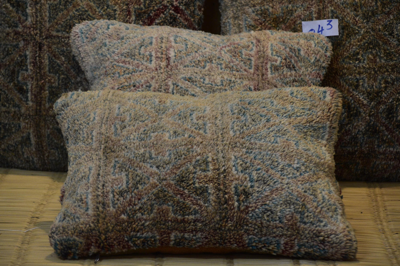 Two Vintage Moroccan High-Pile Wool Lumbar Cushions, Teal Brick Red Boho Set Vintage