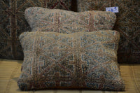 Two Vintage Moroccan High-Pile Wool Lumbar Cushions, Teal Brick Red Boho Set Vintage