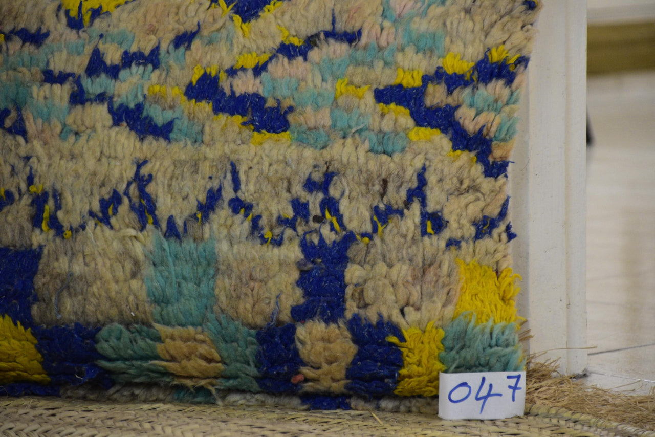 Two Vintage Moroccan Rug Pillow, High-Pile Wool Cushion, Electric Blue Yellow Accent (16x20) Vintage
