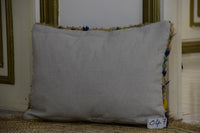 Two Vintage Moroccan Rug Pillow, High-Pile Wool Cushion, Electric Blue Yellow Accent (16x20) Vintage