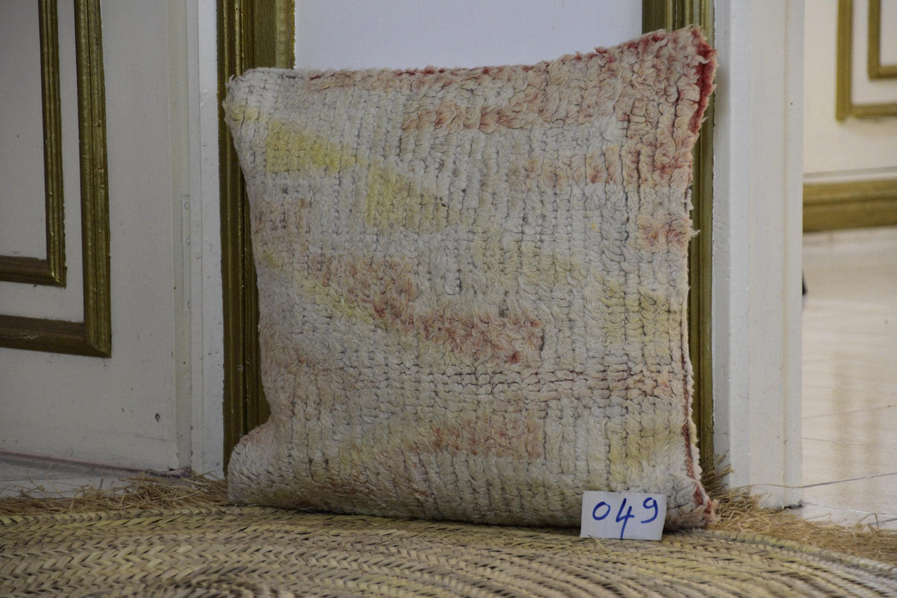 Two Vintage Moroccan Boujad Pillow, Neutral Wool Rug Cushion, Shaggy Boho Throw (18x18)