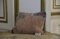 Two Vintage Moroccan Boujad Lumbar Pillow, Hand-Spun Wool Rug Cushion, Earth Tone Berber 16x18