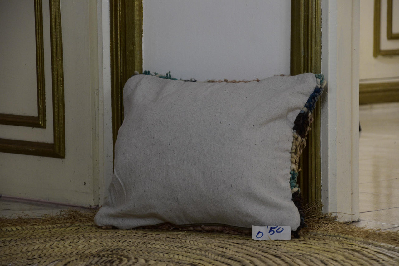 Two Vintage Moroccan Boujad Lumbar Pillow, Hand-Spun Wool Rug Cushion, Earth Tone Berber 16x18