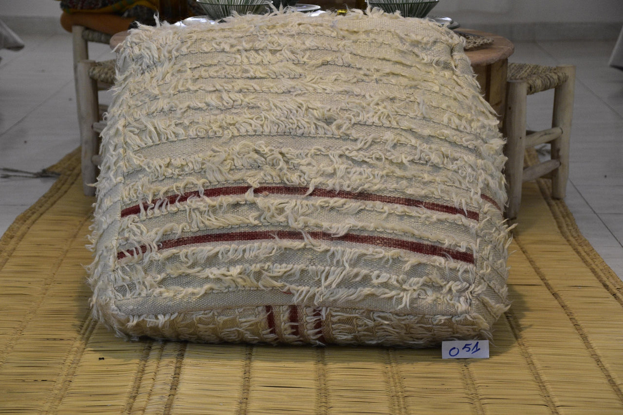 Two Vintage Moroccan Wool Pouf, Hand-loomed Berber Ottoman, Square Boho Floor Cushion (24x24x8)