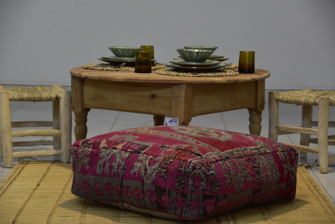 Two Vintage Moroccan Wool Pouf, Hand-loomed Berber Ottoman, Geometric Rug Cushion (24x24x8) Vintage