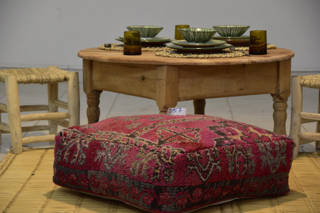 Two Vintage Moroccan Wool Pouf Ottoman, Burnt Orange Terracotta Berber Square Cushion (24x24x8)