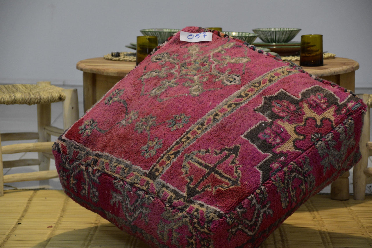 Two Vintage Moroccan Wool Pouf Ottoman, Burnt Orange Terracotta Berber Square Cushion (24x24x8)
