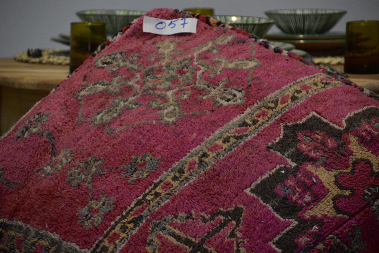 Two Vintage Moroccan Wool Pouf Ottoman, Burnt Orange Terracotta Berber Square Cushion (24x24x8)