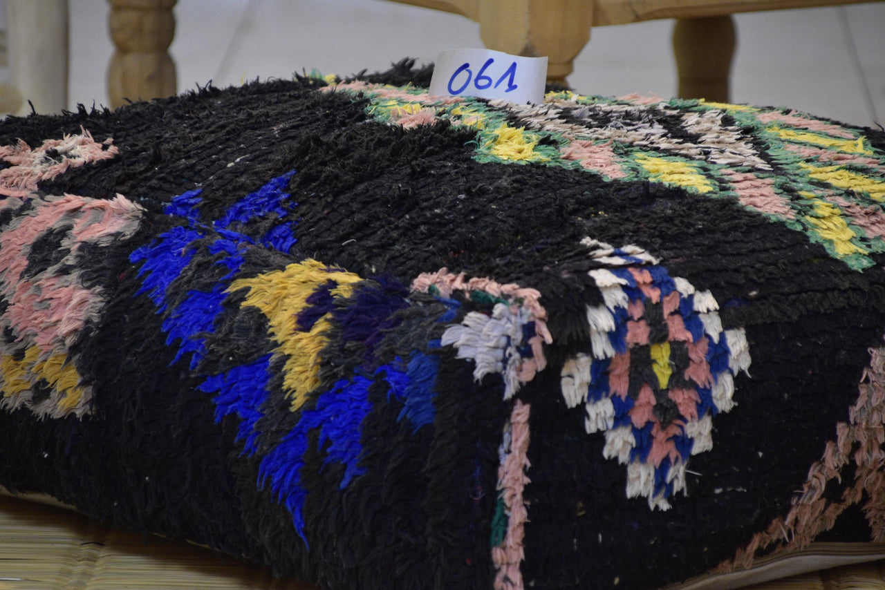 Two Vintage Moroccan Wool Pouf Ottoman, Geometric Berber Rug Cushion (24x24x8) Vintage