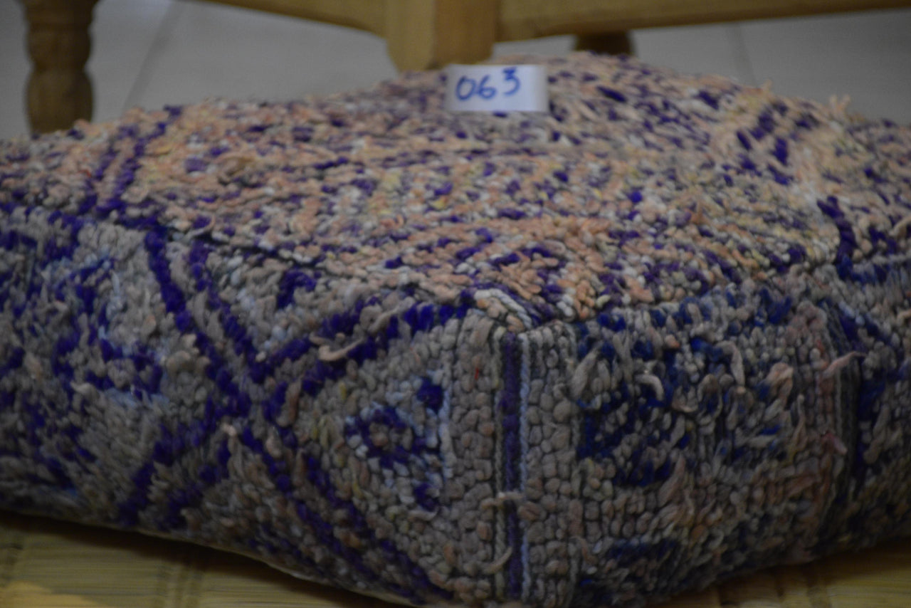 Two Vintage Moroccan Wool Pouf Ottoman, Geometric Berber Rug Cushion (24x24x8) Vintage