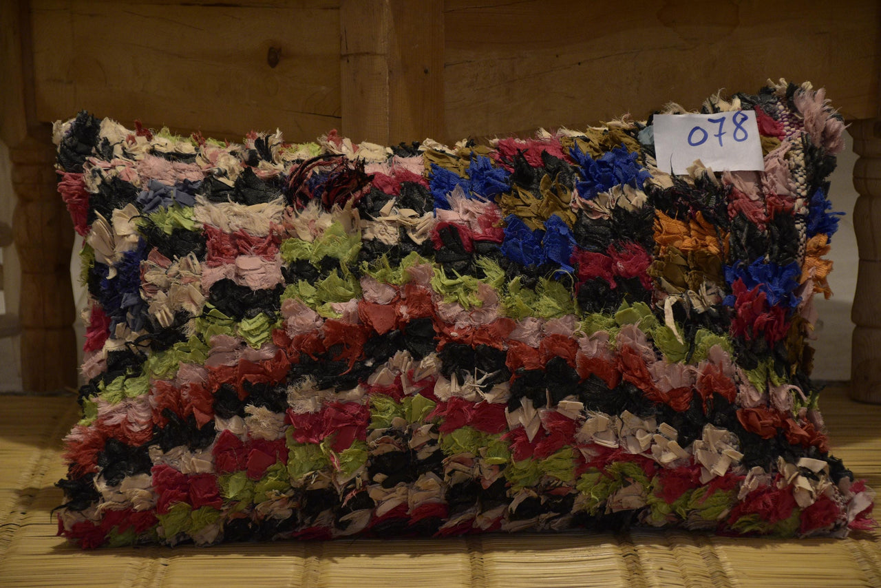 Two Handwoven Moroccan Boucherouite Lumbar Pillow, Recycled Fabric Boho Accent Cushion Vintage