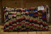 Two Handwoven Moroccan Boucherouite Lumbar Pillow, Recycled Fabric Boho Accent Cushion Vintage