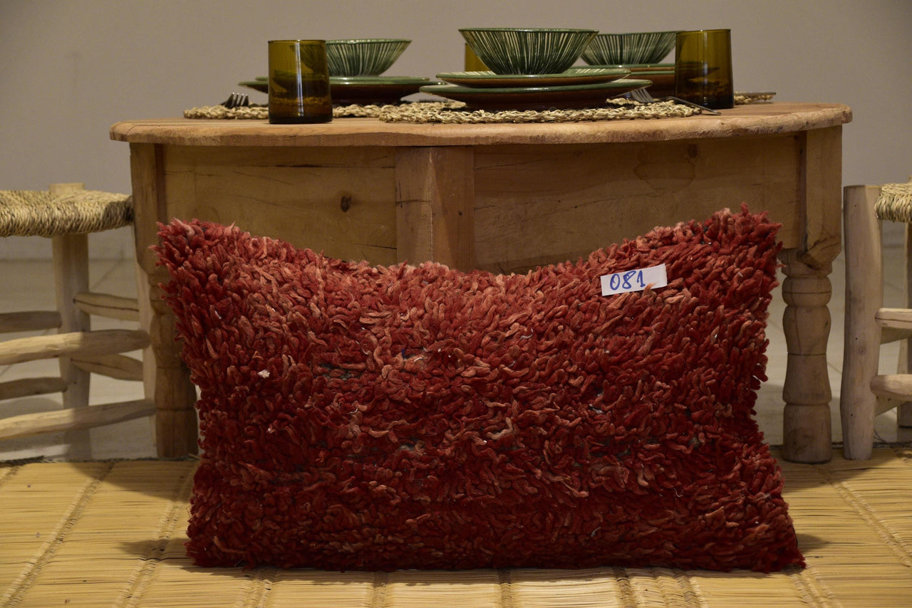 Two Reversible Moroccan Lumbar Pillow, Shaggy Kilim Wool Cushion, Red Black Stripes