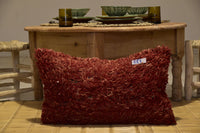 Two Reversible Moroccan Lumbar Pillow, Shaggy Kilim Wool Cushion, Red Black Stripes