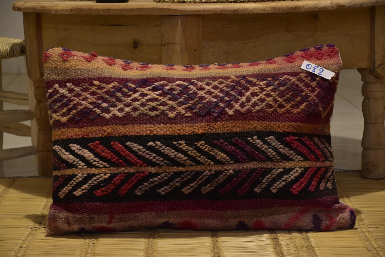 Two Hand-Woven Wool Kilim Lumbar Pillow, Geometric Berber Bohemian Textile Cushion Vintage